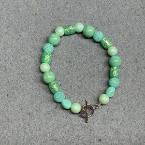 Handmade Beaded Bracelet 7.5 In Mint Green Marbled Sparkly Pearl Silver Toggle